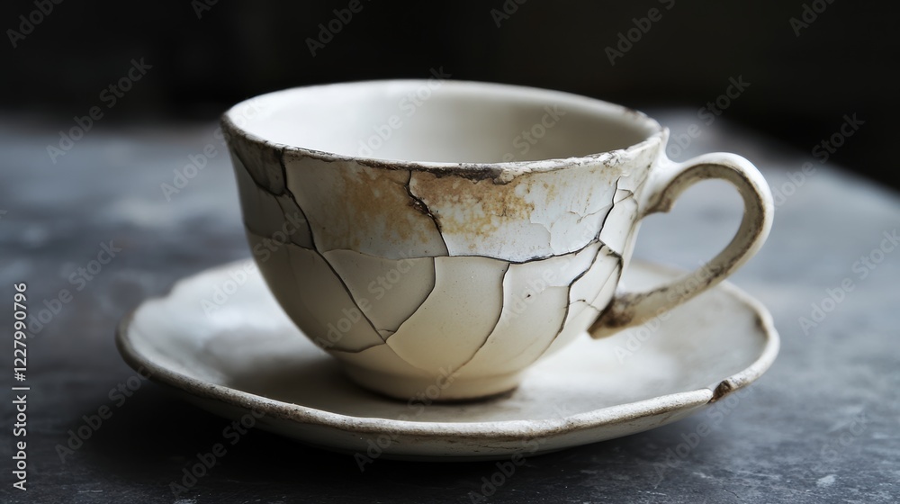 A white ceramic mug with a handle and saucer sits on a dark gray surface. A white ceramic mug with a handle and saucer sits on a dark gray surface.