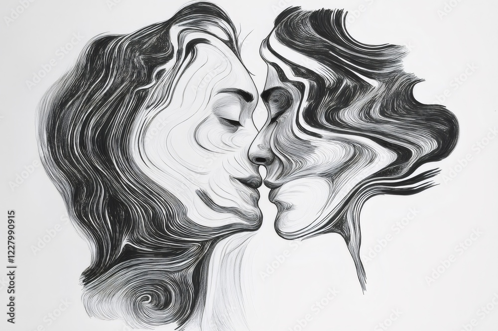 Pencil sketch representing two lovers kissing, their faces melting into swirling lines, creating an abstract and romantic artwork Pencil sketch representing two lovers kissing, their faces melting into swirling lines, creating an abstract and romantic artwork