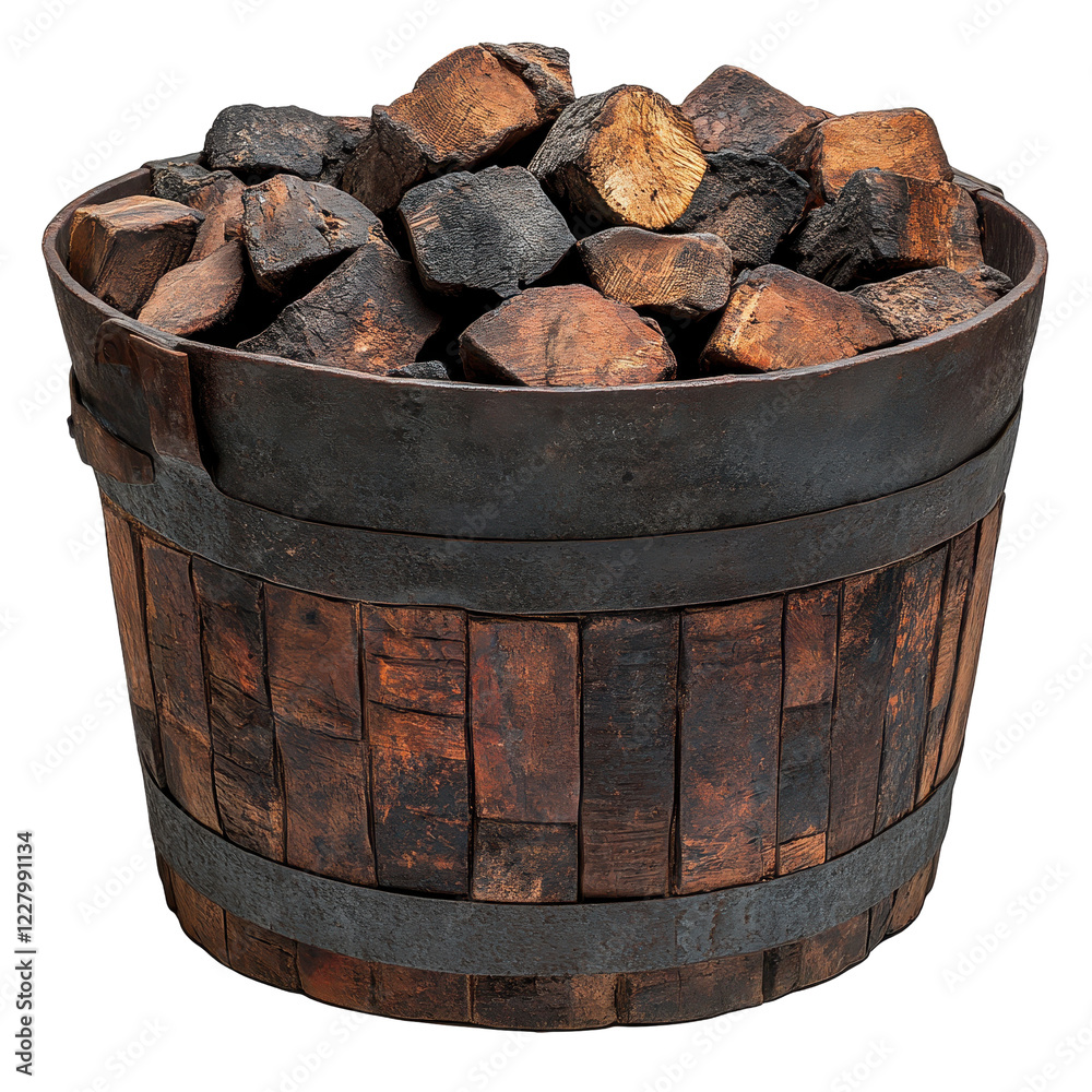 Wooden bucket filled with stacked firewood ready for use in a cozy setting isolated on transparent background Wooden bucket filled with stacked firewood ready for use in a cozy setting isolated on transparent background