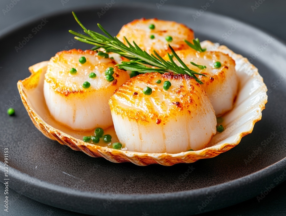 Modern Culinary Elegance Golden Baked Scallops for National Baked Scallops Day - Dramatic Dining on Textured Gray Plates for Gourmet Cuisine Marketing