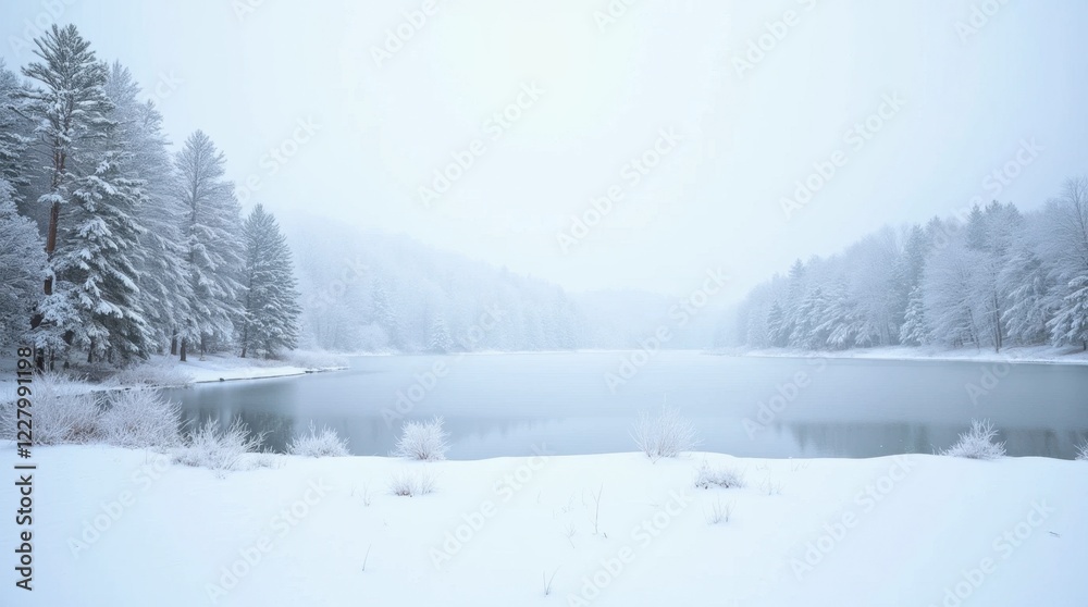 Snowy Winter Landscape with Frozen Lake and Pine Trees Snowy Winter Landscape with Frozen Lake and Pine Trees