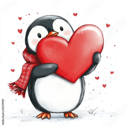 Cute cartoon penguin with heart. Valentine’s Day greeting card design.