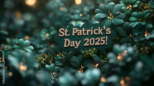 St Patrick's Day. Banner depicting a green carpet of ivy and clover. Text St Patrick's Day 2025. photo