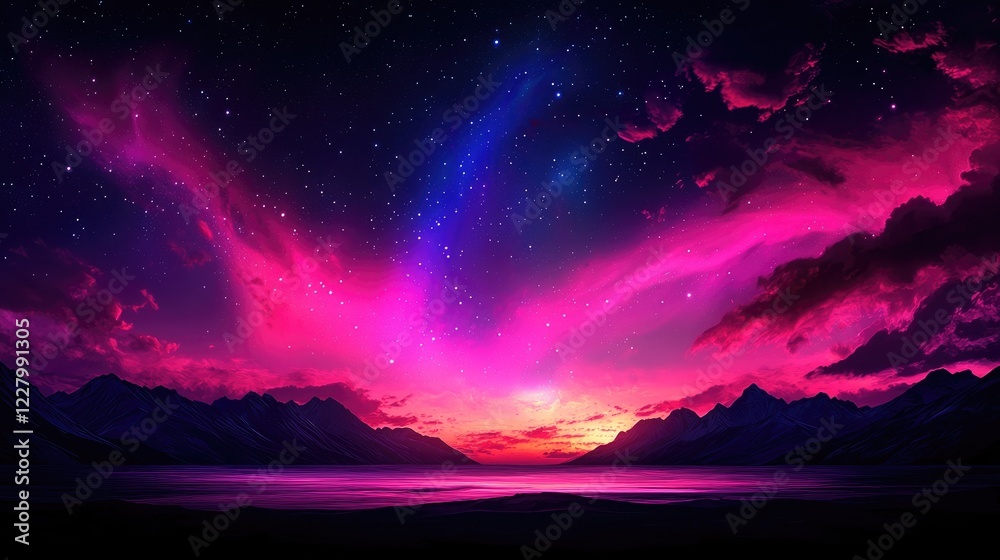 Fototapeta premium Stunning Night Sky with Colorful Aurora Over Calm Mountain Landscape