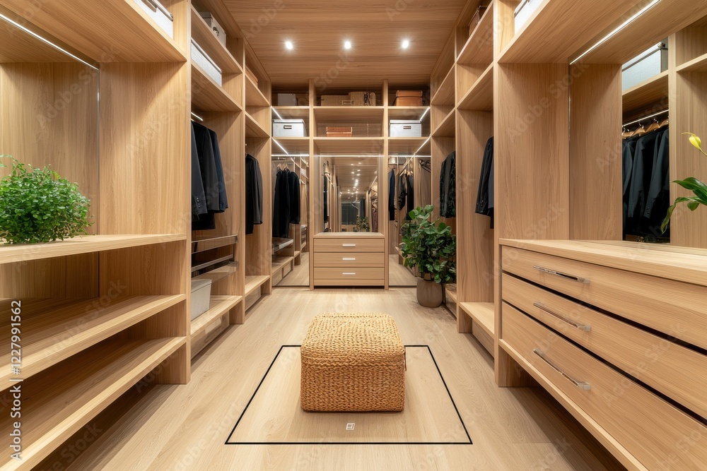 Obraz premium Spacious wooden wardrobe with organized shelves and stylish decor.