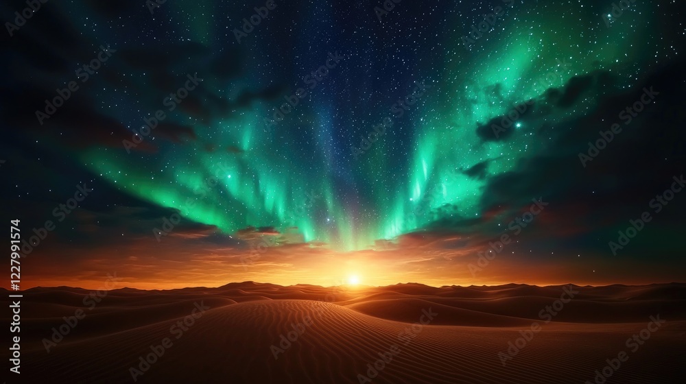 Obraz premium Majestic Aurora Over Desert Landscape at Sunset with Stars
