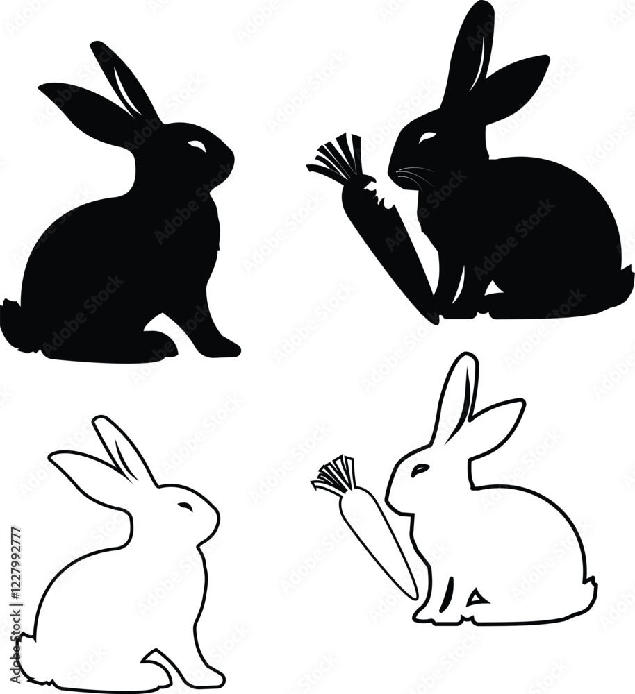 Obraz premium Rabbit vector, icon isolated on white background. Easter bunny silhouettes, vector, rabbit logo design. Silhouette of rabbit, hare, herbivores, carrot. Vector illustration.