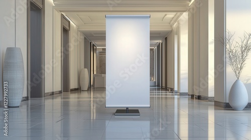 Blank retractable banner stand in a modern lobby  symbolizing opportunity and corporate communication. Ideal for showcasing events  promotions  and announcements.