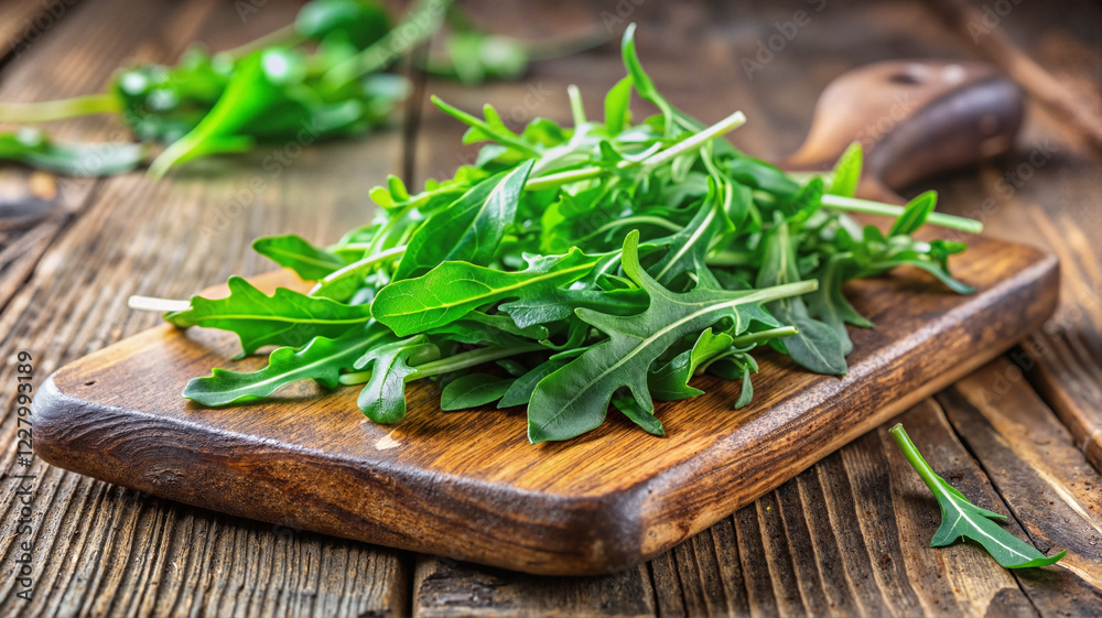 Fresh arugula leaves on a rustic wooden cutting board Fresh arugula leaves on a rustic wooden cutting board