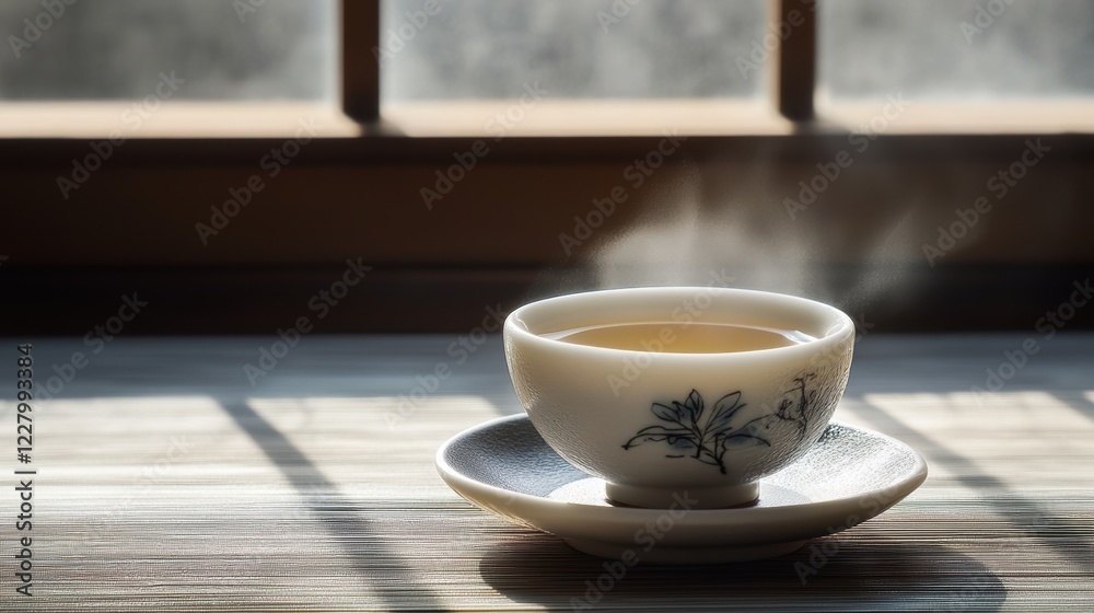 A cup of tea on a saucer, with steam rising from it.