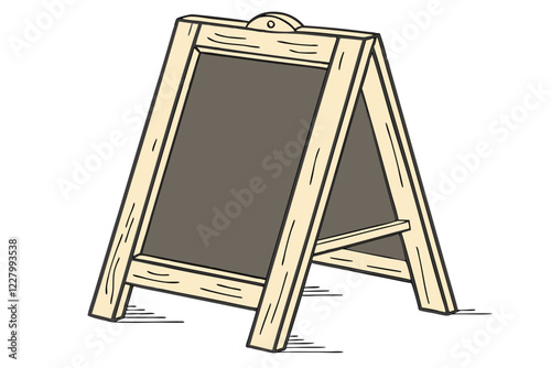 Wooden A-frame chalkboard, rustic standing menu board, blank blackboard, restaurant sidewalk sign, folding sandwich board, vintage cafe display, empty slate surface, light wood frame, portable adverti