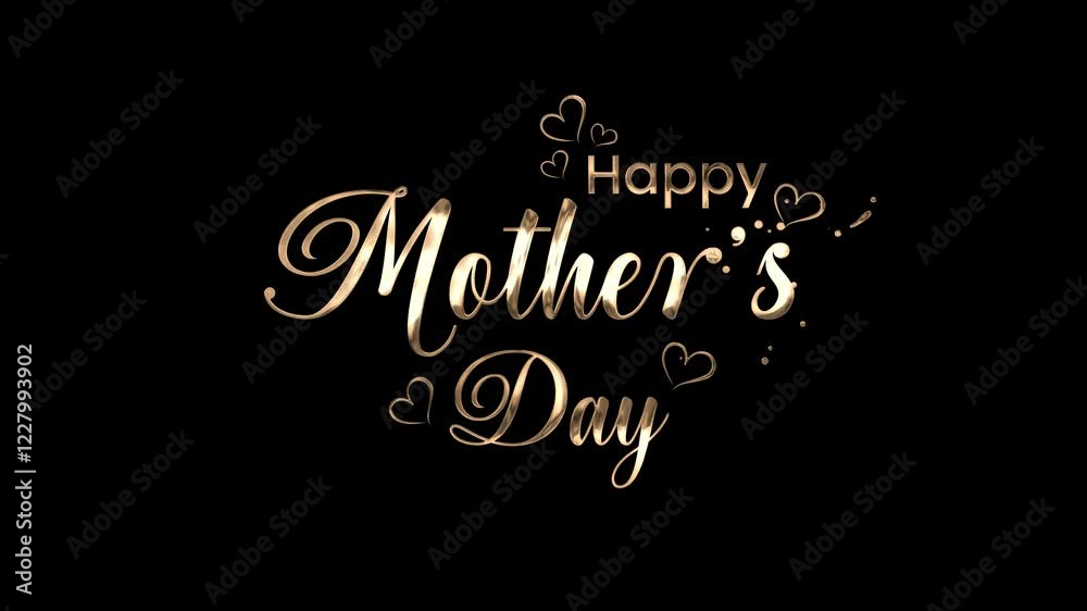 Happy Mother's Day text animation with hearts, gold color and transparent background. Perfect for Mothers Day greeting cards, social media posts, and advertisements.
