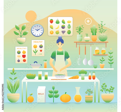 Flat gradient vector illustration of healthy lifestyle campaign healthy food recipes