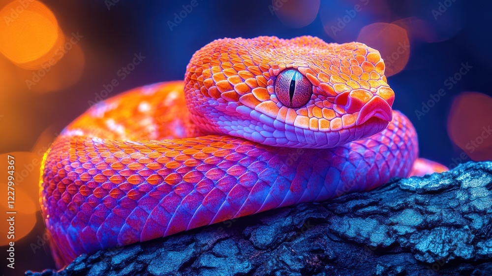Fototapeta premium Vibrant snake, nocturnal, forest, glowing bokeh background