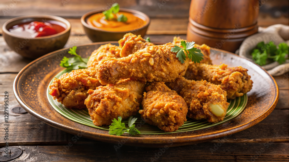 Crispy fried chicken legs served on a rustic plate with dipping sauce Crispy fried chicken legs served on a rustic plate with dipping sauce