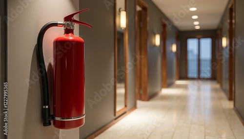 Red fire extinguisher mounted on wall in modern hallway