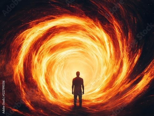 A person stands before a swirling portal of vibrant light. photo