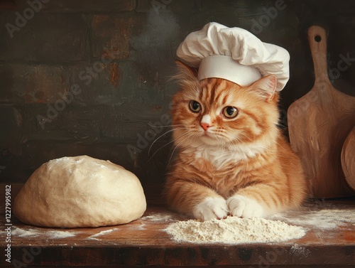 Adorable cat in a chef hat beside dough on a rustic table.