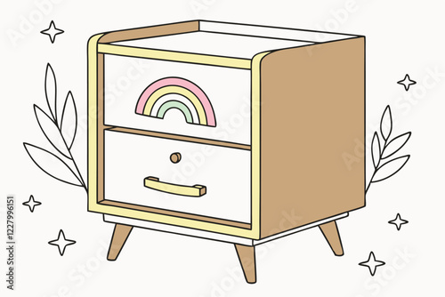 Wooden nightstand, retro design, single drawer, rainbow drawer handle, light oak finish, tapered legs, mid-century modern style, children's furniture, playful accent, minimalist aesthetic, natural woo