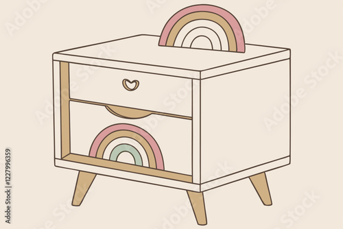 Wooden nightstand, retro design, single drawer, rainbow drawer handle, light oak finish, tapered legs, mid-century modern style, children's furniture, playful accent, minimalist aesthetic, natural woo