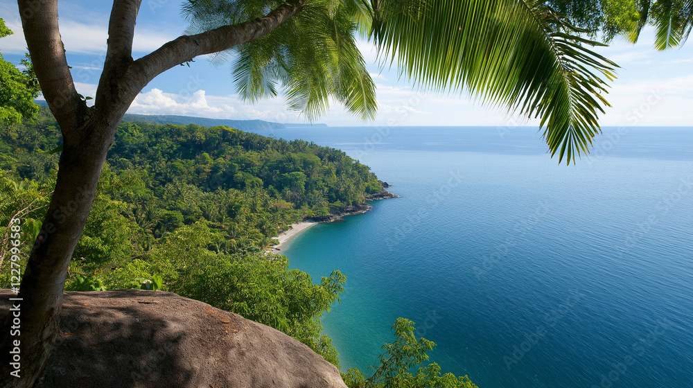 Tropical coastline view with palm trees and blue ocean. Ideal for travel destinations, paradise locations, or vacation planning. Tropical coastline view with palm trees and blue ocean. Ideal for travel destinations, paradise locations, or vacation planning.