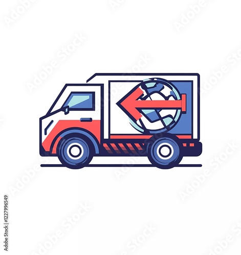 Wallpaper Mural Isolated flat icon of a delivery truck with a globe and arrow, vector illustration, simple design, bold lines, red and blue color palette, white background, minimalist style, professional graphic desi Torontodigital.ca