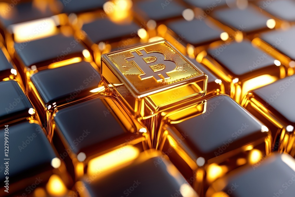 Golden Bitcoin symbol on shiny black cubes, symbolizing cryptocurrency wealth and innovation. Golden Bitcoin symbol on shiny black cubes, symbolizing cryptocurrency wealth and innovation.