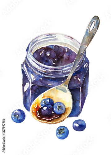 Blueberry Jam Watercolor: A hand-painted watercolor illustration depicting a glass jar filled with rich, homemade blueberry jam, with a spoon dipped in, and scattered blueberries surrounding.