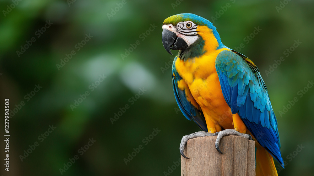Blue and gold macaw perched on wooden post. Ideal for exotic birds, wildlife photography, or animal portraits. Blue and gold macaw perched on wooden post. Ideal for exotic birds, wildlife photography, or animal portraits.