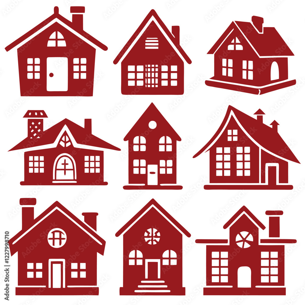 set of red color house icons set of red color house icons