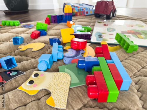 Colorful building blocks and playful toys scattered on the floor at home photo