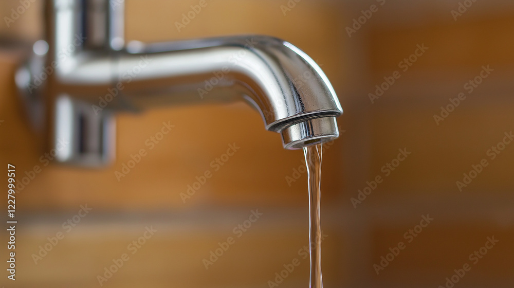 Chrome faucet with running water stream. Ideal for plumbing fixtures, water conservation, or bathroom design. Chrome faucet with running water stream. Ideal for plumbing fixtures, water conservation, or bathroom design.