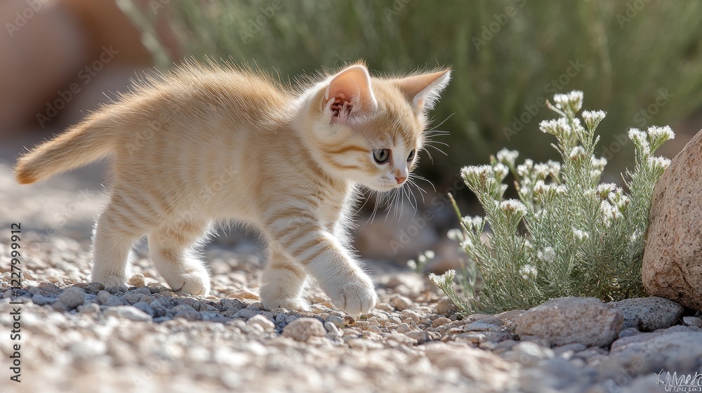 Adorable ginger kitten exploring desert rocks Adorable ginger kitten exploring desert rocks