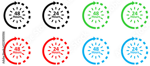 24-48 hours Time and rotating arrow icon variation set.