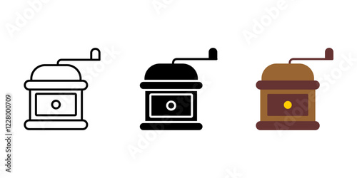 Coffee grinder icon. Cafe equipment symbol. Barista appliance illustration. Roasted coffee beans grinding sign.