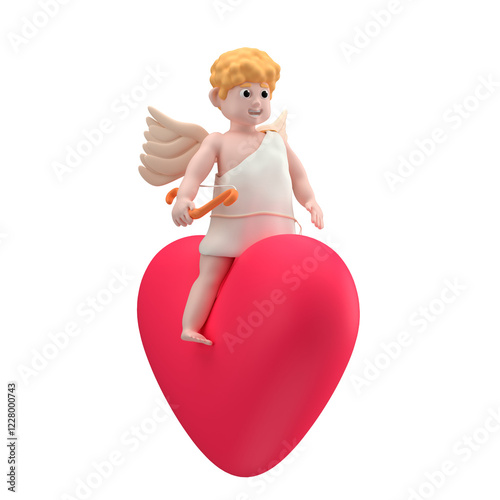 Smiling cupid character with blond hair and wings holding a bow while sitting on a red heart, 3d render