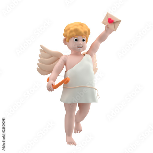 Cupid character with blond hair and wings holding an arch and love letter on outstretched hand against white background, 3d render