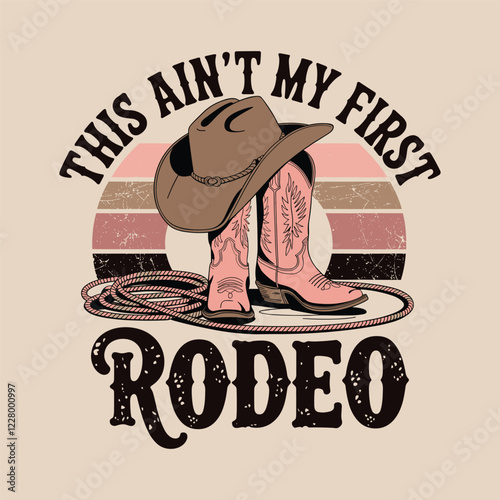This Ain't My First Rodeo : calligraphy graphic design, horse rider t-shirt design, unicorn silhouette, apparel design, print, trendy t-shirt design, isolated on white background.