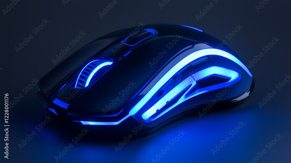 Gaming mouse with blue LED lighting effects. Suitable for gaming equipment, computer accessories, or tech products.