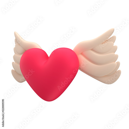 Red heart with wings on white background, 3d render