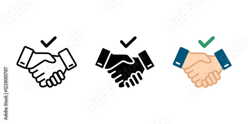 Handshake with checkmark icon. Business agreement sign. Teamwork cooperation symbol. Partnership deal illustration.