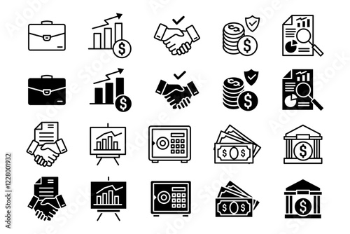 Business icon set. Finance and economy illustration. Safe with money sign. Statistic data pictogram. Dollar bank. Office bag sign. Partnership handshake pictogram.