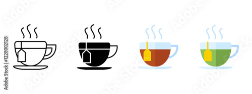 Cup of hot tea icon. Tea bag in a mug symbol. Green, herbal and black tea in drinking glass sign. Breakfast symbol.