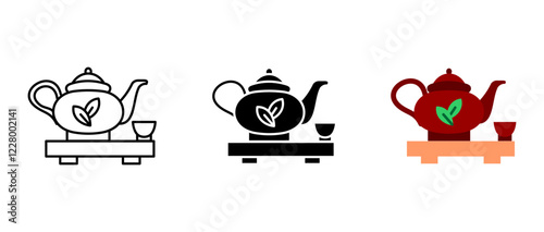 Asian tea pot and cup icon. Kettle with brewing tea symbol. Chinese tea ceremony sign. Traditional Japanese cafe illustration.