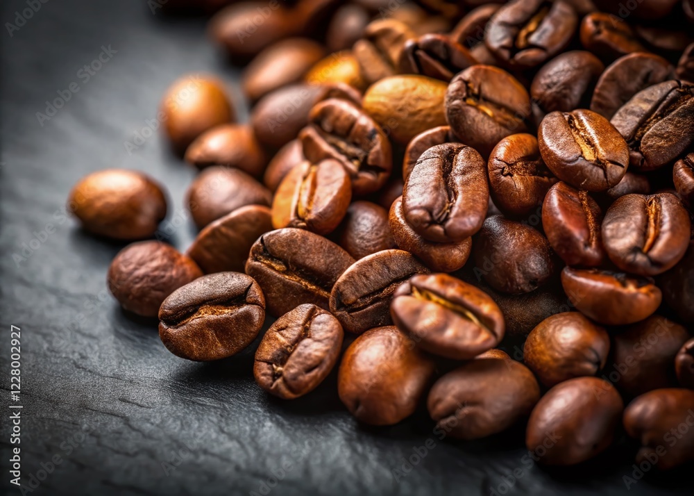 Macro Photo of Roasted Coffee Beans on Dark Grey Background - Tilt-Shift Effect Macro Photo of Roasted Coffee Beans on Dark Grey Background - Tilt-Shift Effect