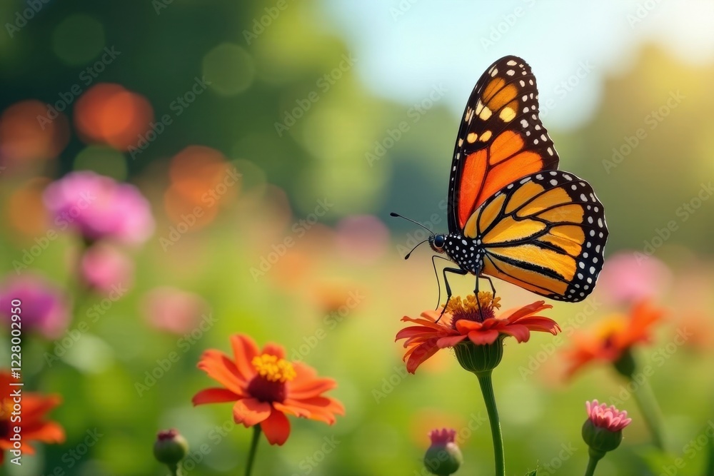 Vibrant monarch butterflies on blooming wildflowers, sunlit meadow , design, texture Vibrant monarch butterflies on blooming wildflowers, sunlit meadow , design, texture