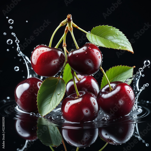 cherries in water on a black background
