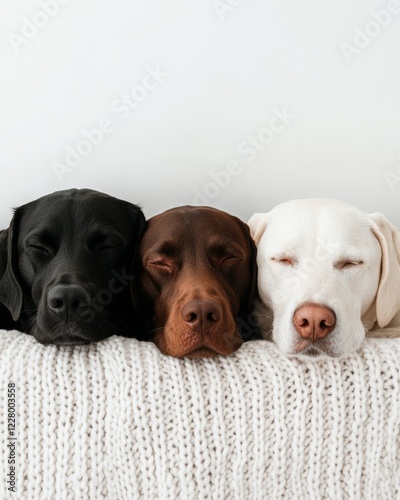 Calm Canine Companions Diverse Dogs on Knit Couch - Promoting Inclusive Pet Care and Harmonious Co-Existence in Modern Urban Households for Enhanced Pet Wellbeing and Family Dynamics photo