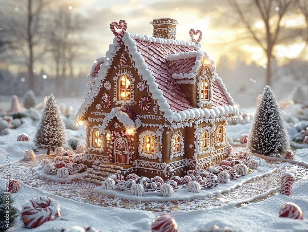 Whimsical Gingerbread House Adorned with Candies in a Snowy Wonderland Whimsical Gingerbread House Adorned with Candies in a Snowy Wonderland