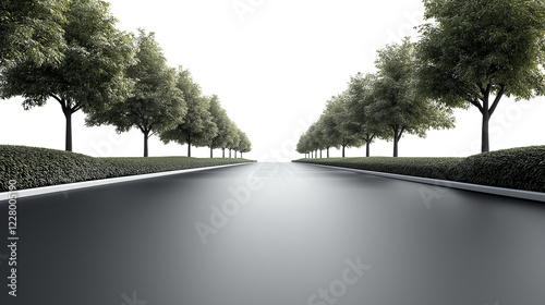 Endless Road: A long, straight road disappears into the distance, framed by rows of lush green trees, promising new horizons and endless possibilities. The blacktop is clean and smooth.